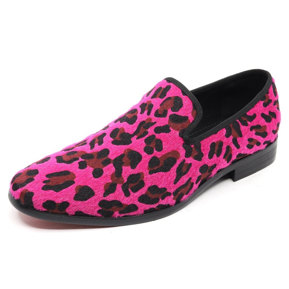 Fuchsia Leopard Men's Fashion Leopard Print Smoking Dress Loafers Slip On Shoes